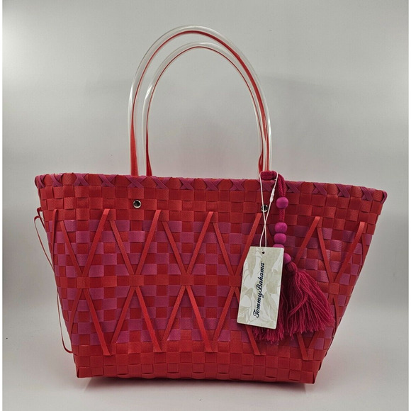 Beautiful pink Tommy Bahama woven basket bag with tassel tote bag NWT - Picture 1 of 8